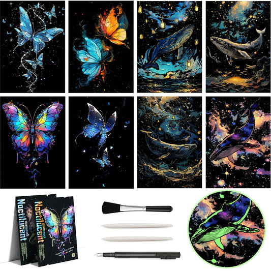 Glow in The Dark Scratch Art Rainbow Painting Paper 8 Sheet with Pen / Cleaning Brush Engraving Landscape Scratchboard(A4) for Kids Teens & Adults Fun Sketch Card Creative Craft Toy (Animal)