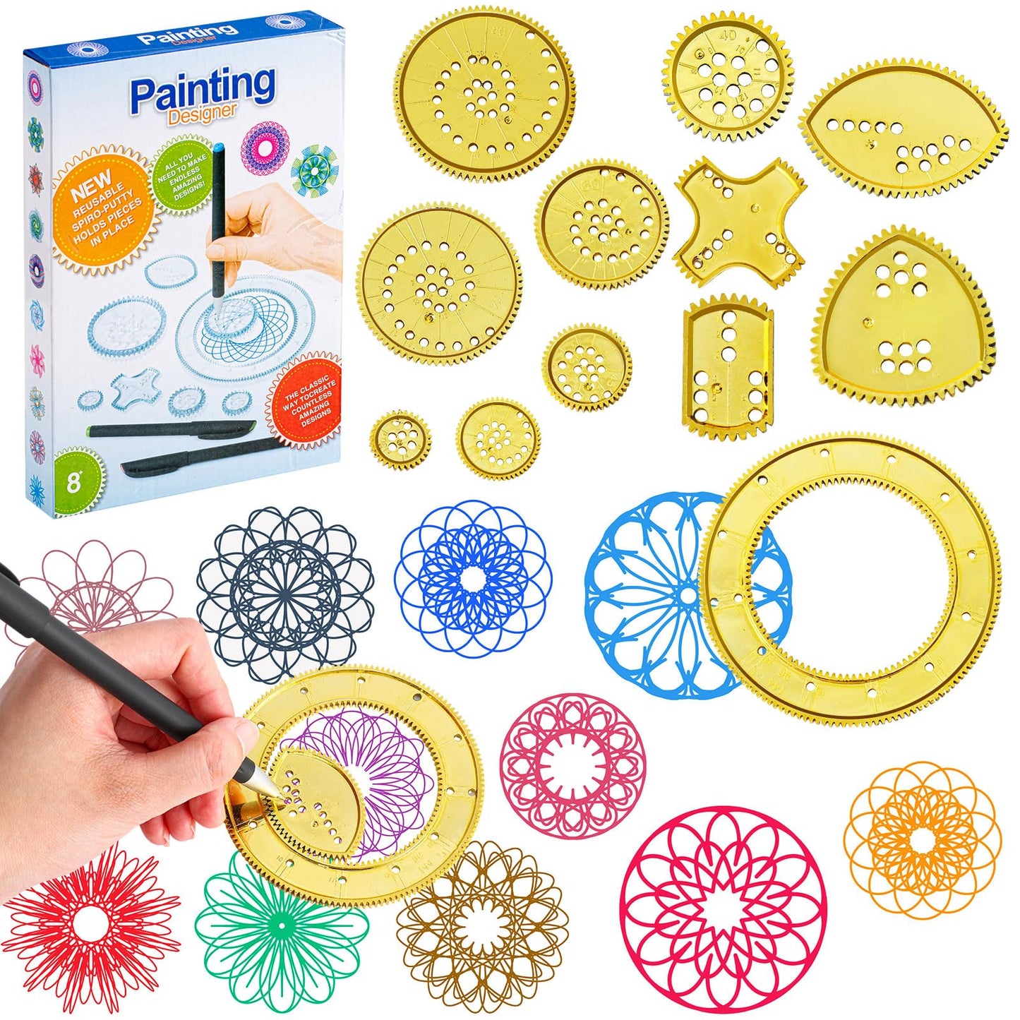 Chivao Spiral Art Gear Geometric Ruler Spiral Circle Template for Drawing Plastic Template Ruler Drawing Kit Spiral Curve Stencils with Pens Paper for Drawing DIY Art Crafts Sketch(Modern)