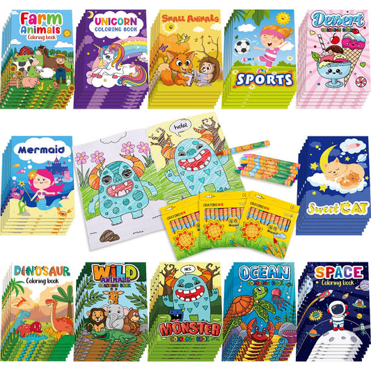 Fulmoon 144 Pcs Coloring Books with Crayons for Kids Bulk Coloring Books for Toddler Ages 3-10 Dinosaur Animal Unicorn Space Coloring Books for Birthday Party Favors Classroom Activity Supplies Crafts