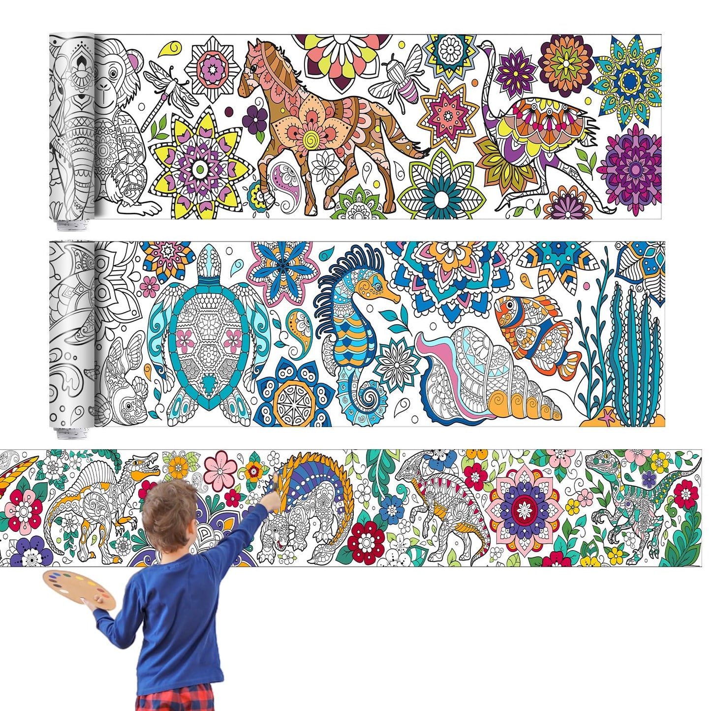 Pasimy 3 Pieces Giant Coloring Posters Mandala Animals Jumbo DIY Drawing Paper Large Coloring Sheets Huge Mandala Coloring Pages for Adult Kids Home Classroom Craft Art Activity 11.8 x 118 Inch