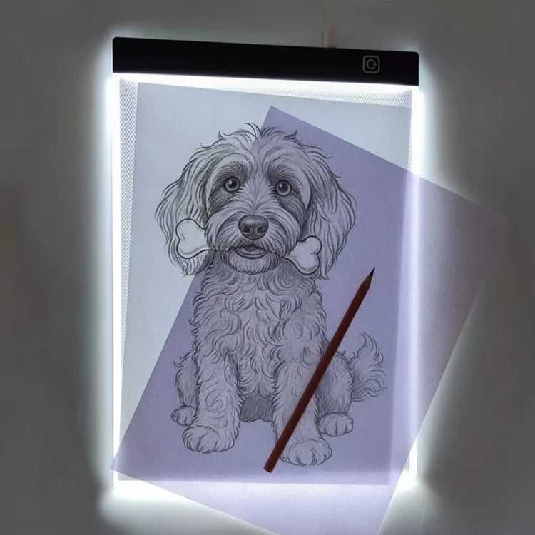 Light-up drawing board with a dog sketch and pencil