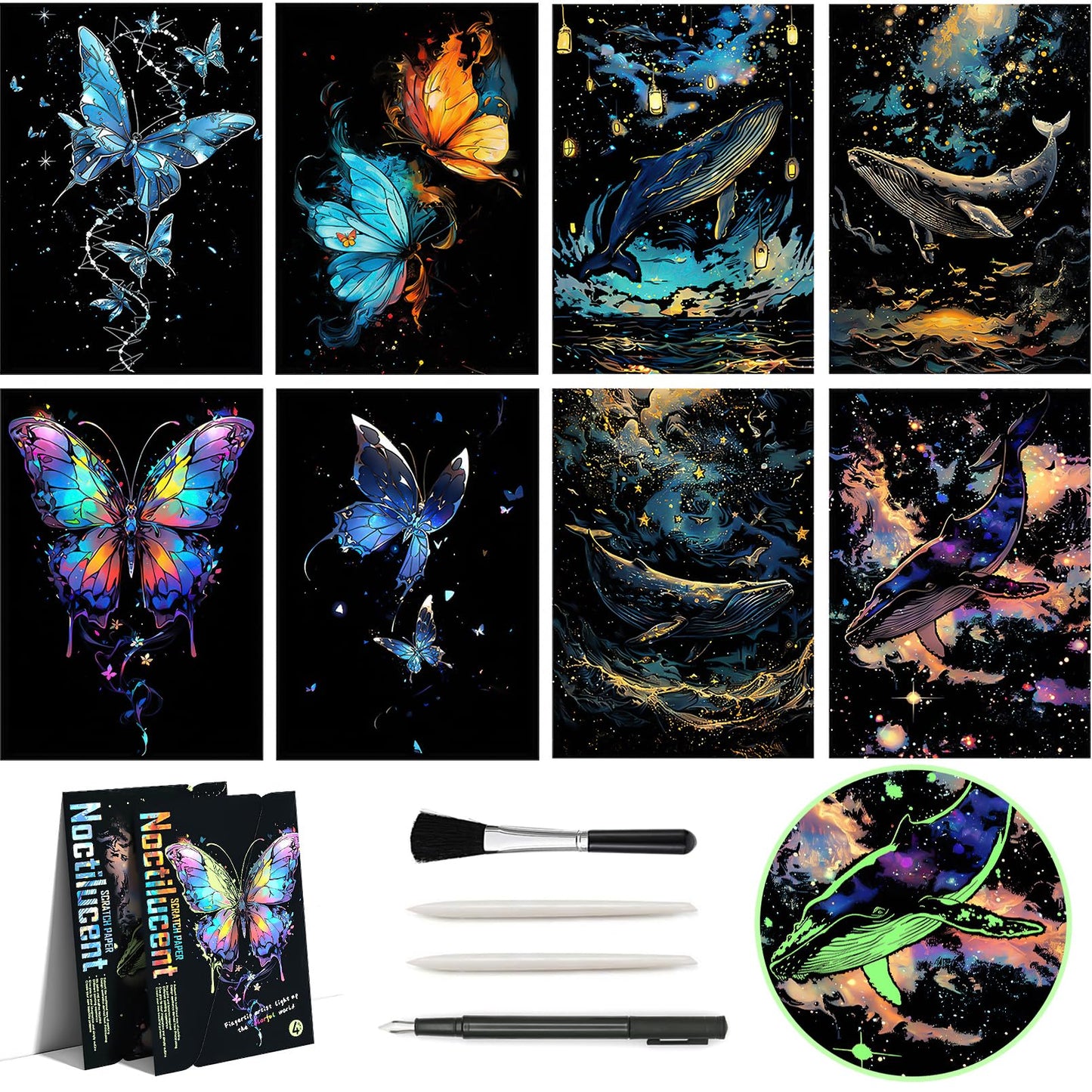 Glow in The Dark Scratch Art Rainbow Painting Paper 8 Sheet with Pen / Cleaning Brush Engraving Landscape Scratchboard(A4) for Kids Teens & Adults Fun Sketch Card Creative Craft Toy (Animal)