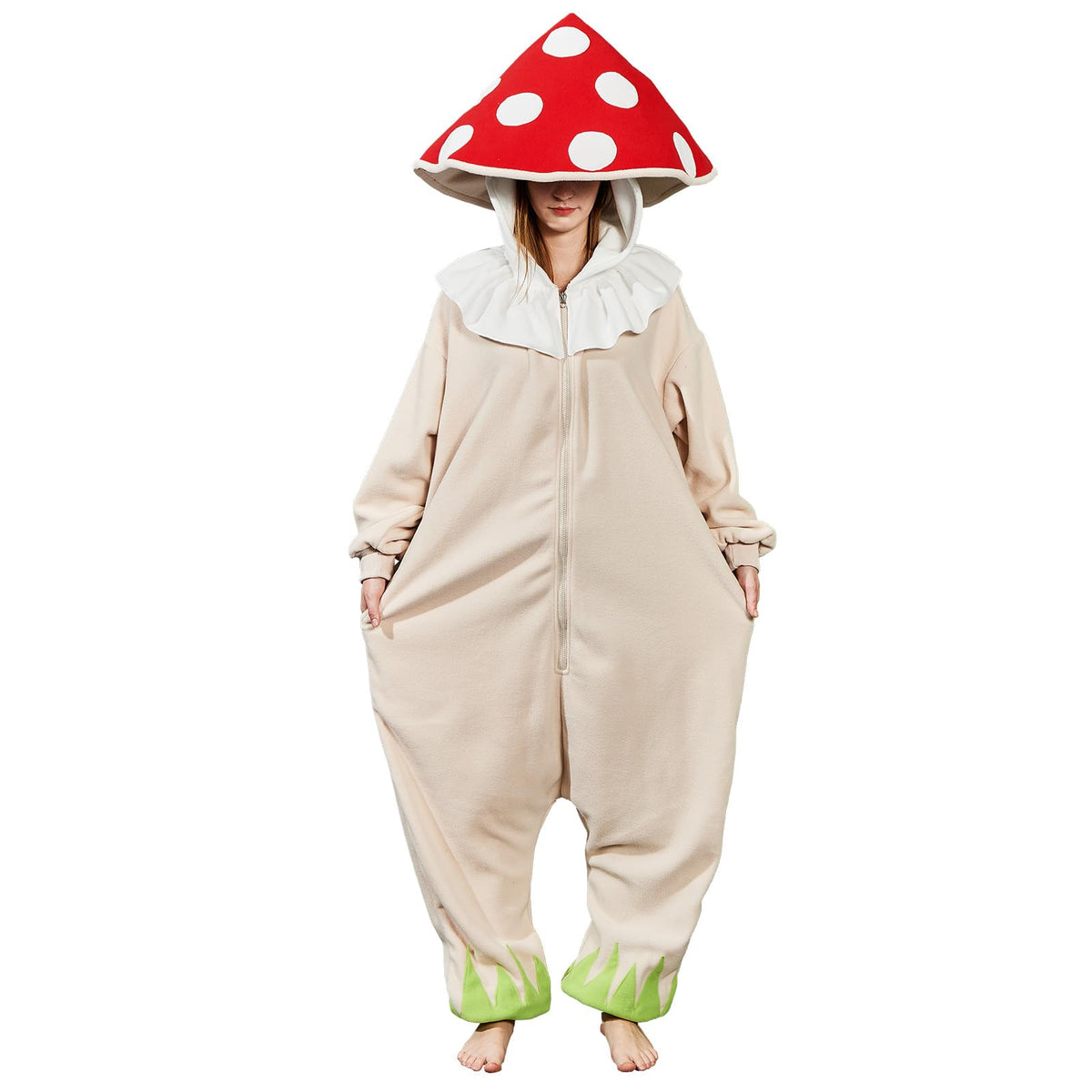 AMAMHAHAVA Mushroom Onesie Adult Halloween Mushroom Costume Fun and Cozy One-Piece Pajamas for Women and Men