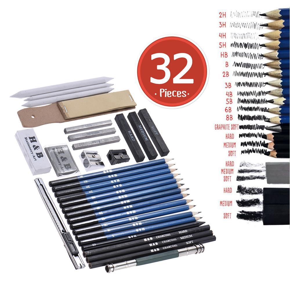 H&B32 Professional Sketch Wood Pencil Art Tool Set