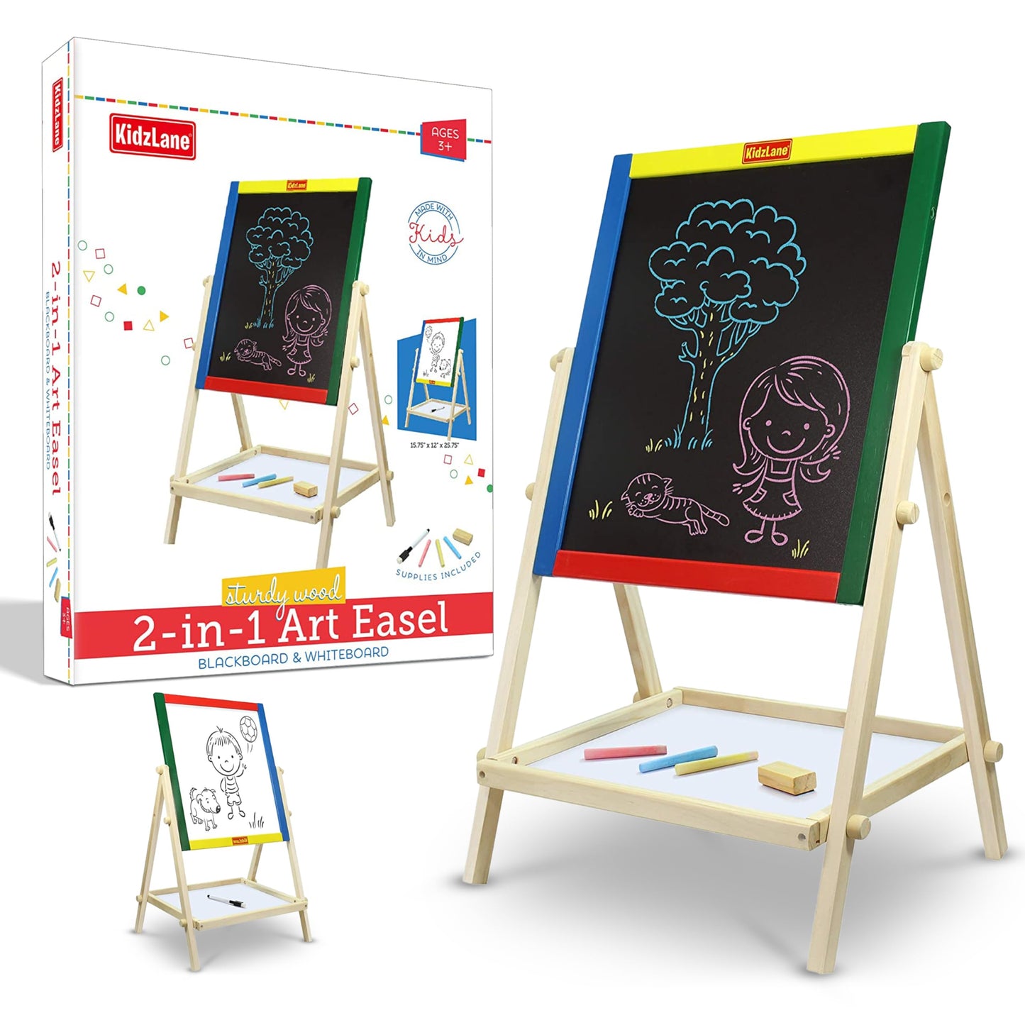 Kidzlane Art Easel for Kids 2-4 - Wooden Toddler Easel - Double Sided Standing Chalkboard/Dry Erase Board for Kids - Toddler Drawing Board with Accessories - 25.75 Inches Blackboard and Whiteboard