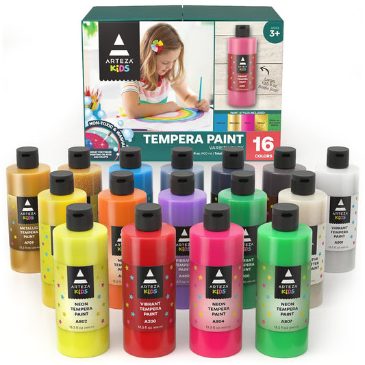 ARTEZA 16 Kids Tempera Paint Set 13.5 oz/400 ml Non-Toxic Washable Tempera Paint Bottles Kids Art Supplies