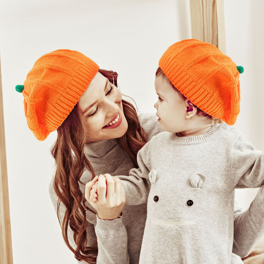 Cute Orange Knitted Halloween Pumpkin Hat for Kids & Parents