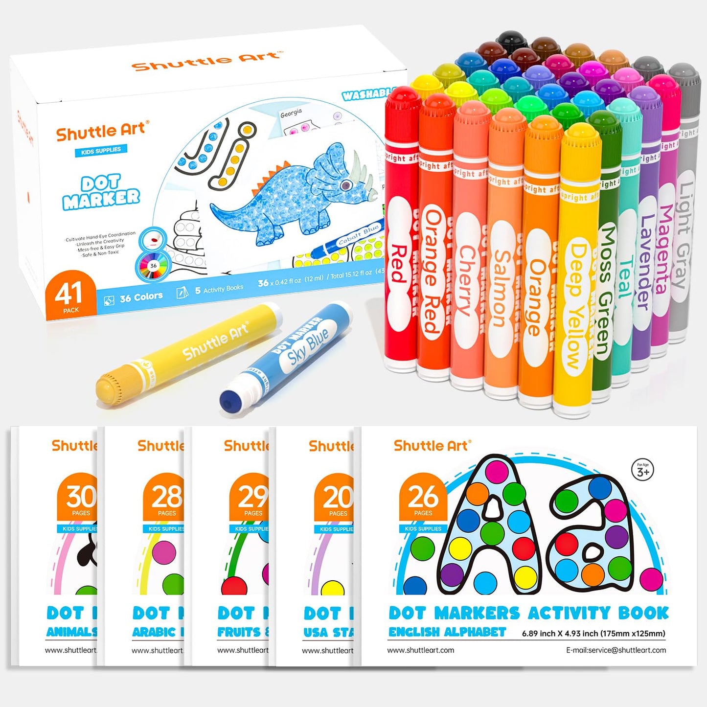 Shuttle Art Dot Markers 36 Colors Washable with 135 Activity Sheets 5 Activity Books Fun Art Supplies for Kids Toddlers and Preschoolers Non Toxic Water-Based Paint Daubers Dot Art Markers