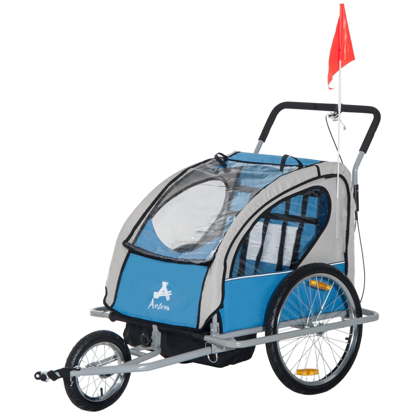 Aosom Elite Three-Wheel Bike Trailer for Kids Bicycle Cart for Two Children with 2 Security Harnesses & Storage Blue