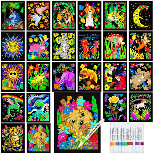 Zhanmai Pack of 48 Velvet Coloring Posters and Watercolor Pens Animal Fuzzy Velvet Coloring Posters for Adults Teenagers Large Coloring Poster for Classroom Festive Holiday Arts Crafts Activity