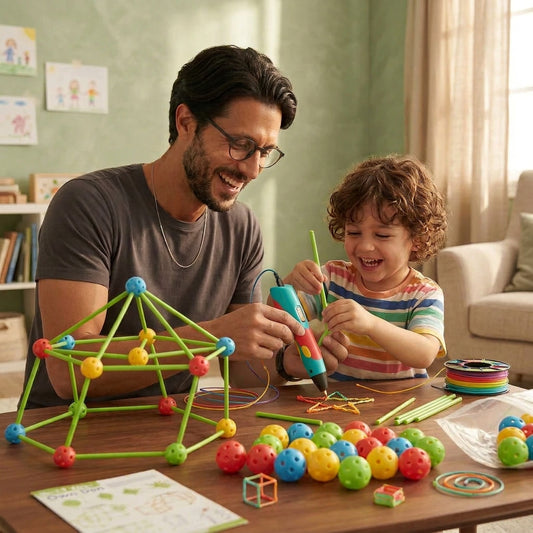 A Dad wearing glasses is sitting at a wooden table, assembling a colorful ball-and-stick molecular model with his son. He is holding a blue and yellow ball connected to a green stick, with other colorful balls and green rods scattered on the table next to an instruction sheet.
